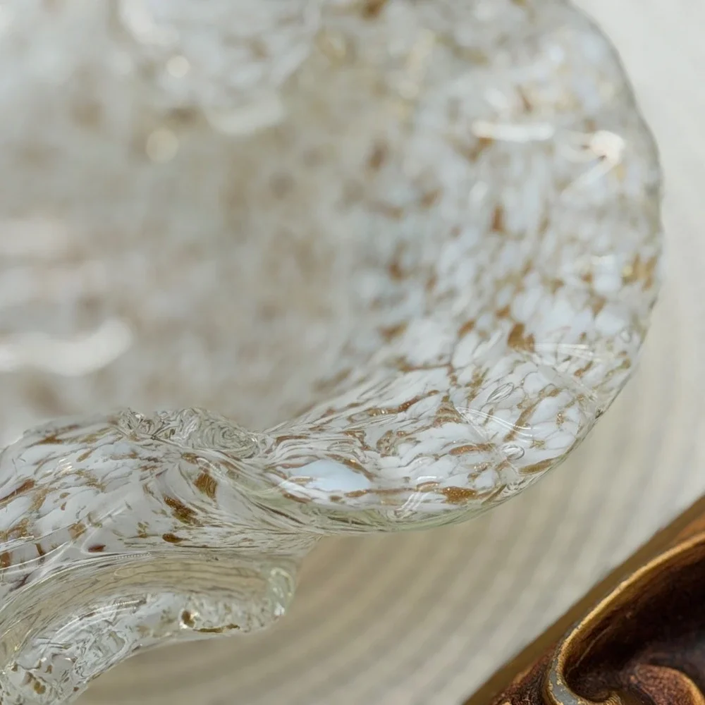 Vintage Hand Blown Art Glass Ruffled Bowl White Gold Fleck Splatter Murano Style